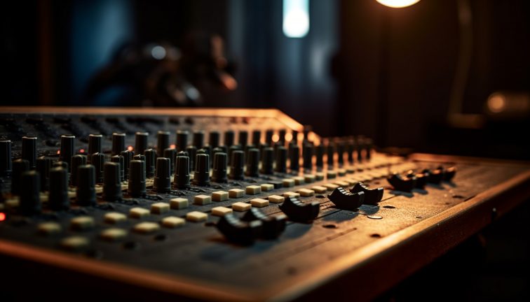 Dark nightclub stage illuminated by blue lighting equipment generated by AI