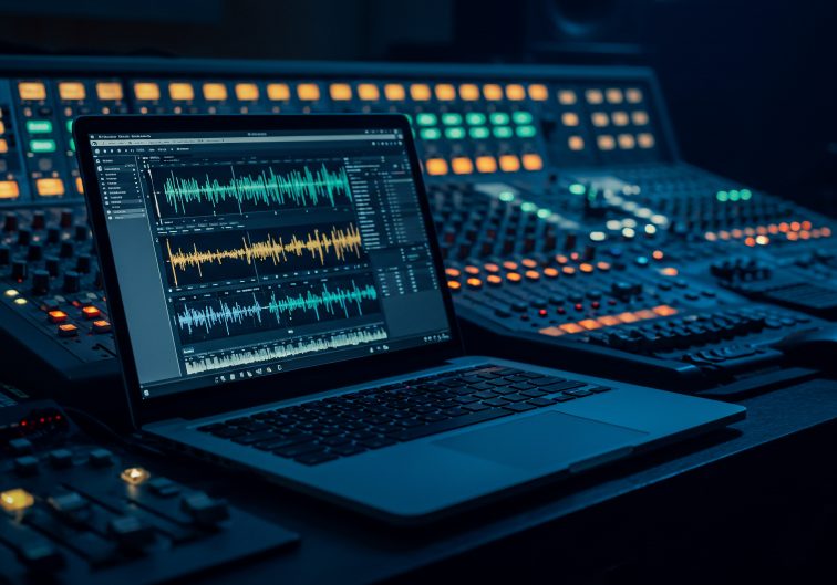 Laptop displays audio waveforms in a recording studio with mixin